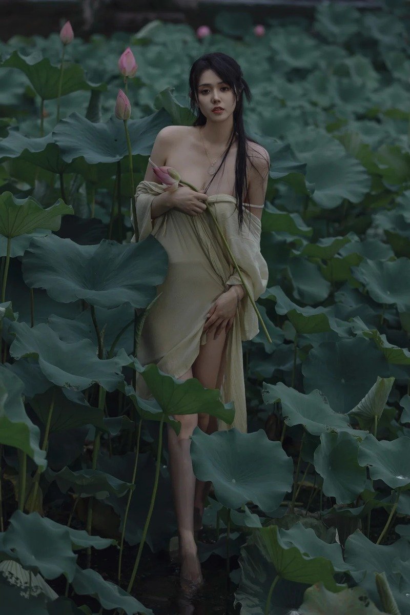 ảnh cô gái bên đầm sen